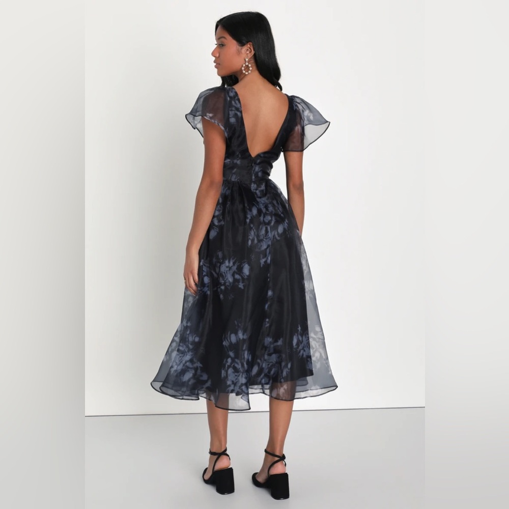 Lulu's Navy and Black Floral Chiffon Midi Dress - Picture 4 of 4